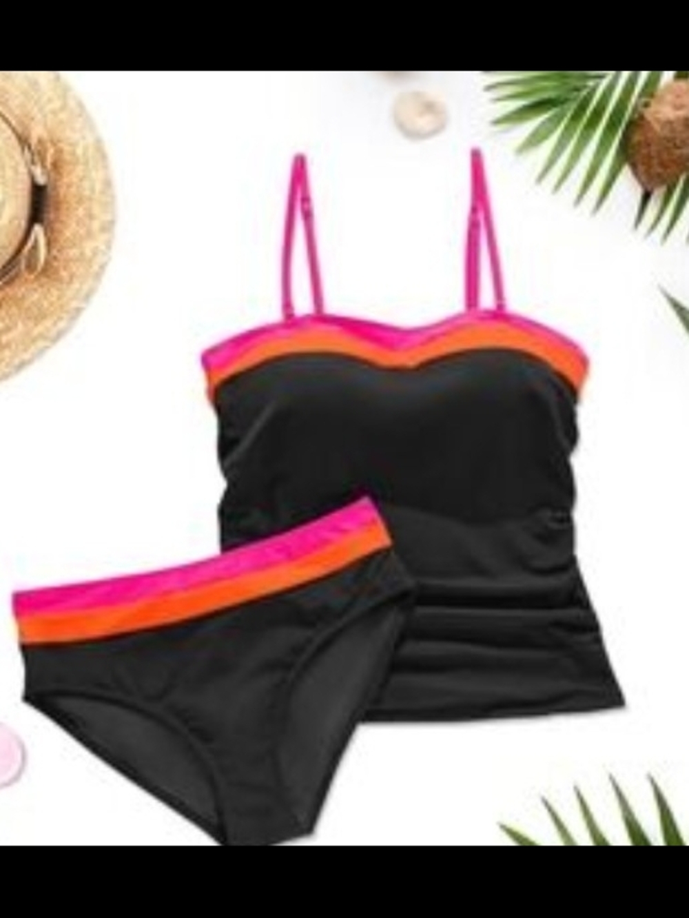 Black Tankini with Pink & Orange Trim - Women Swim